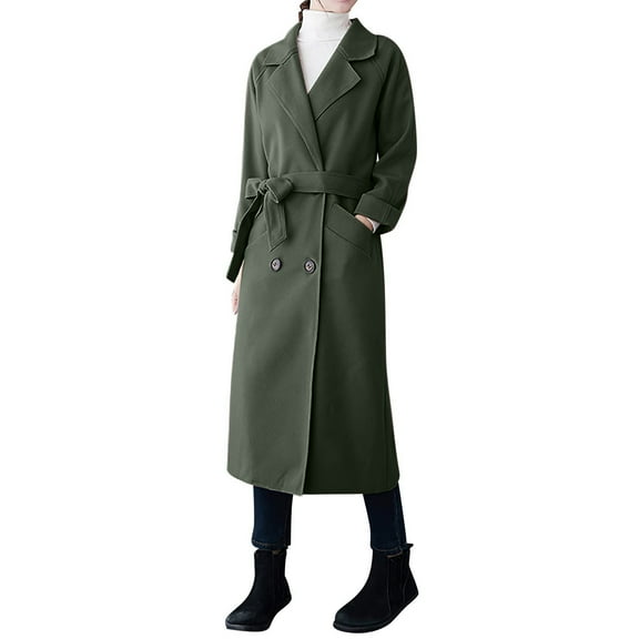 HTNBO Womens Oversized Long Trench Coat Double Breasted Notch Lapel Wool Blend Coats Windproof Jackets Overcoat with Belt