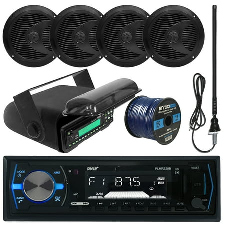 Pyle PLMRB29B MP3 USB SD Bluetooth In-Dash Radio Receiver Bundle Combo With Black Marine Stereo Housing + 4x 6 1/2