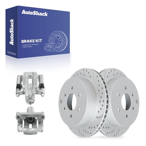 AutoShack Rear Brake Rotors & Calipers for Nissan, Frontier 2005-2025, 4WD RWD L4 2.5L V6 3.8L 4.0L - Coated Drilled & Slotted - Silver Matte Finish - TurboGuard - 11.25" (285.8 mm), 6-Lug