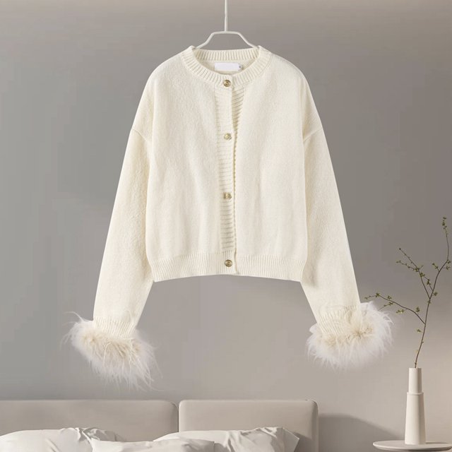 Cárdigan de punto de plumas para mujer, suéteres de manga larga con cuello redondo, holgados, de una sola botonadura, ropa de calle elegante informal para fiesta y Club