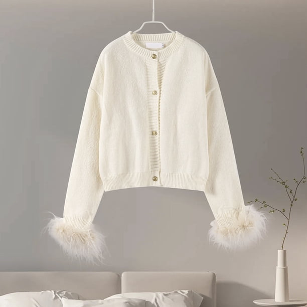 Cárdigan de punto de plumas para mujer, suéteres de manga larga con cuello redondo, holgados, de una sola botonadura, ropa de calle elegante informal para fiesta y Club