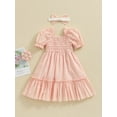 thumbnail image 4 of Suealasg Toddler Girls Summer Casual Dress Short Puff Sleeve Square Neck Shirred Ruffled Swiss Dot A-Line Dress with Headband 6M 1T 2T 3T Baby Girls Clothes, 4 of 9