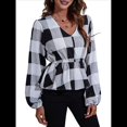 thumbnail image 1 of Blusa de Larga para Mujer, Estilo Babydoll, Ligera, de Poliéster, con Cuello en V y Mangas Abullonadas Cuadrícula Grande S, 1 of 10