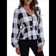 thumbnail image 1 of Blusa de Larga para Mujer, Estilo Babydoll, Ligera, de Poliéster, con Cuello en V y Mangas Abullonadas Cuadrícula Grande S, 1 of 10