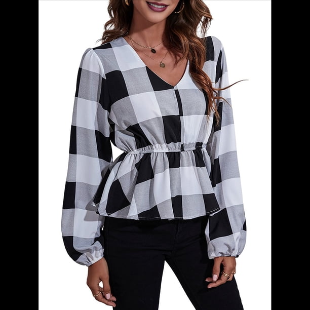 Blusa de Larga para Mujer, Estilo Babydoll, Ligera, de Poliéster, con Cuello en V y Mangas Abullonadas Cuadrícula Grande S