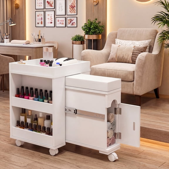 Advwin Pedicure Trolley Cart with Foot Rest, Mobile Pedicure Foot Stool Stand with Wheels, Storage Shelves & Cabinet, Rolling Pedicure Station for Nail Tech & Home Salon, White