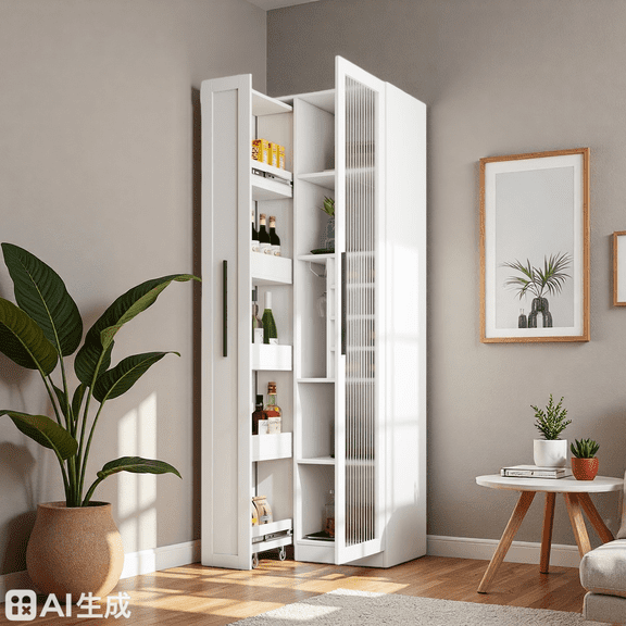 LUMAMIN Pull-Out Kitchen Pantry Cabinet with 5-Tier Shelf, 71" Freestanding Narrow Glass Door Storage Cabinet Cupboard Organizer for Coffee Bar, Dining Room, White