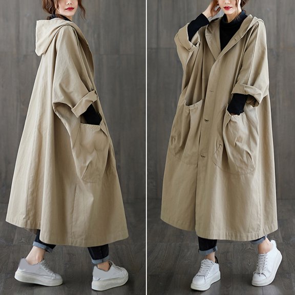 Joernso Spring Autumn Women Trench Coat Solid Color Loose Hooded Streetwear Literary Style Single Breasted Windbreaker Overcoat for Working