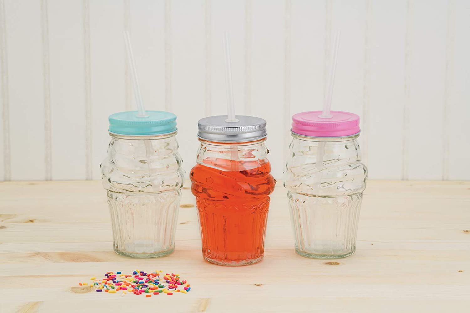 Set of 3 Plastic Drinking Cups Mason Jars With Lid And Straw  Flamingo,PalmSummer