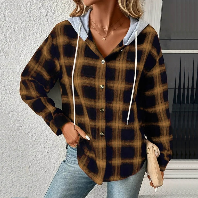 AKOEE Flannel Plaid Jackets for Women Hoodie Button Down Shirt Shackets Long Sleeve Fashion Hooded Fall Outerwear Medium Brown Walmart