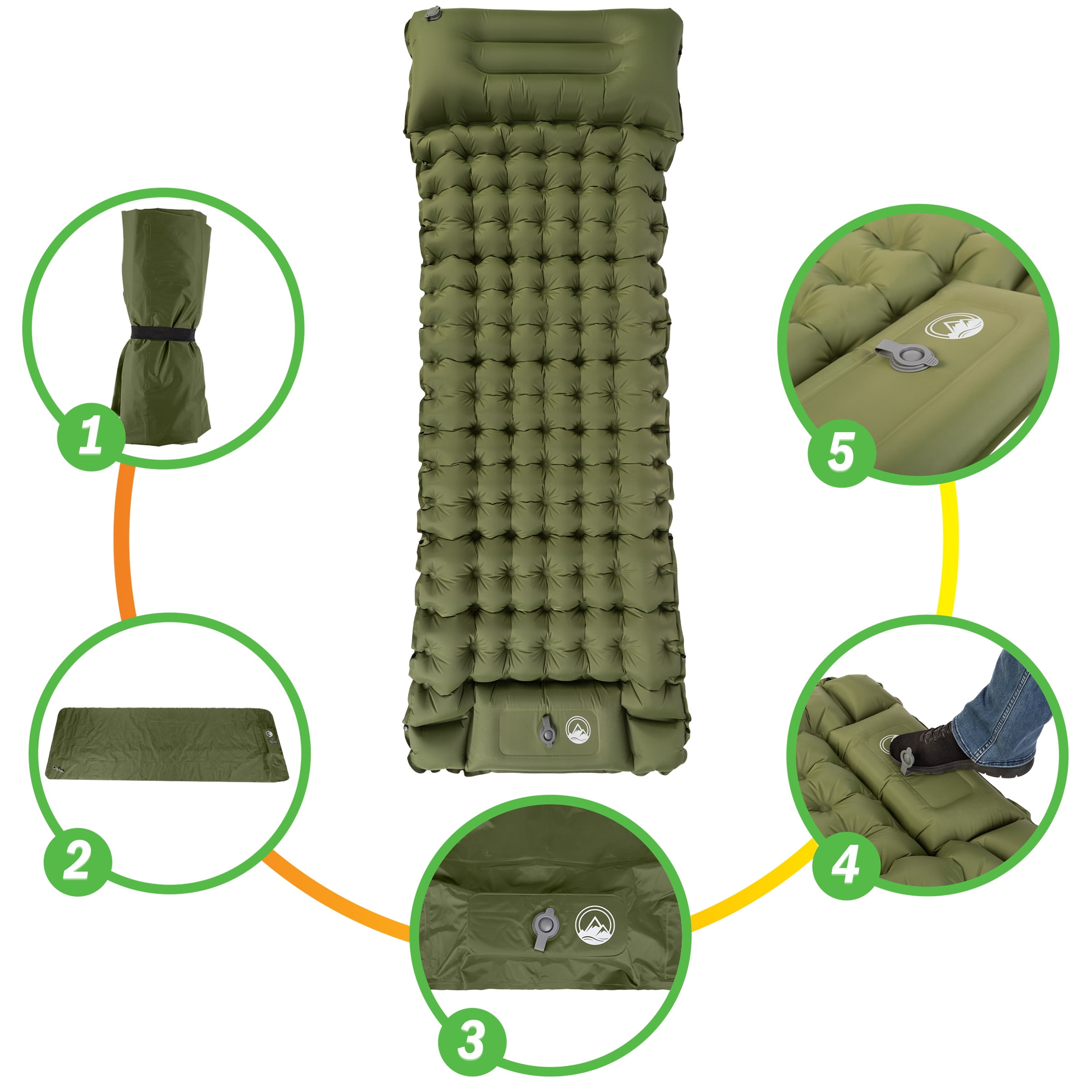 Wakeman Outdoors Inflatable Sleeping Pad with Built-in Foot Pump, Olive