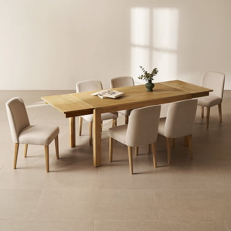 Mopio Logan Upholstered Beige Dining Chair Set of 4 and 64 Bench Modern Farmhouse Solid Wood 6 Piece 91 Extendable Dining Table Set for Dining Room Kitchen