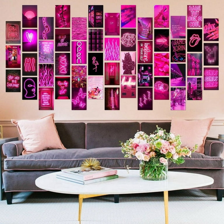 50pcs Pink Aesthetic Wallpapers, Rosy Collage Print Kit, Wall Art Prints for Room, Vsco Posters for Girls, Size: 4