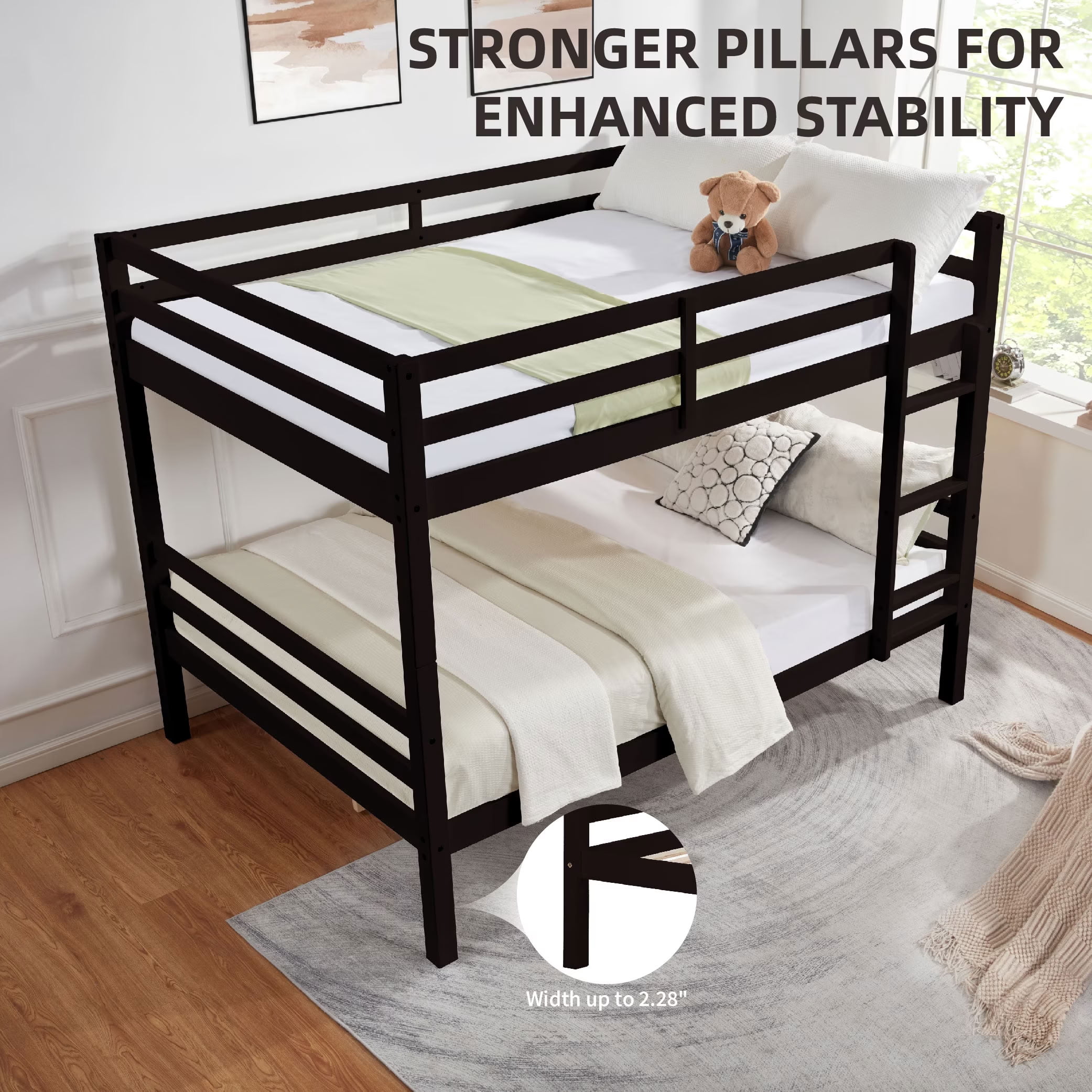 MAYEERTY Full over Full Bunk Bed with Thick Posts, Solid Wood Bed Frame with High Guardrail and Ladder, for Kids Teens Dorm Rooms, No Box Spring Needed