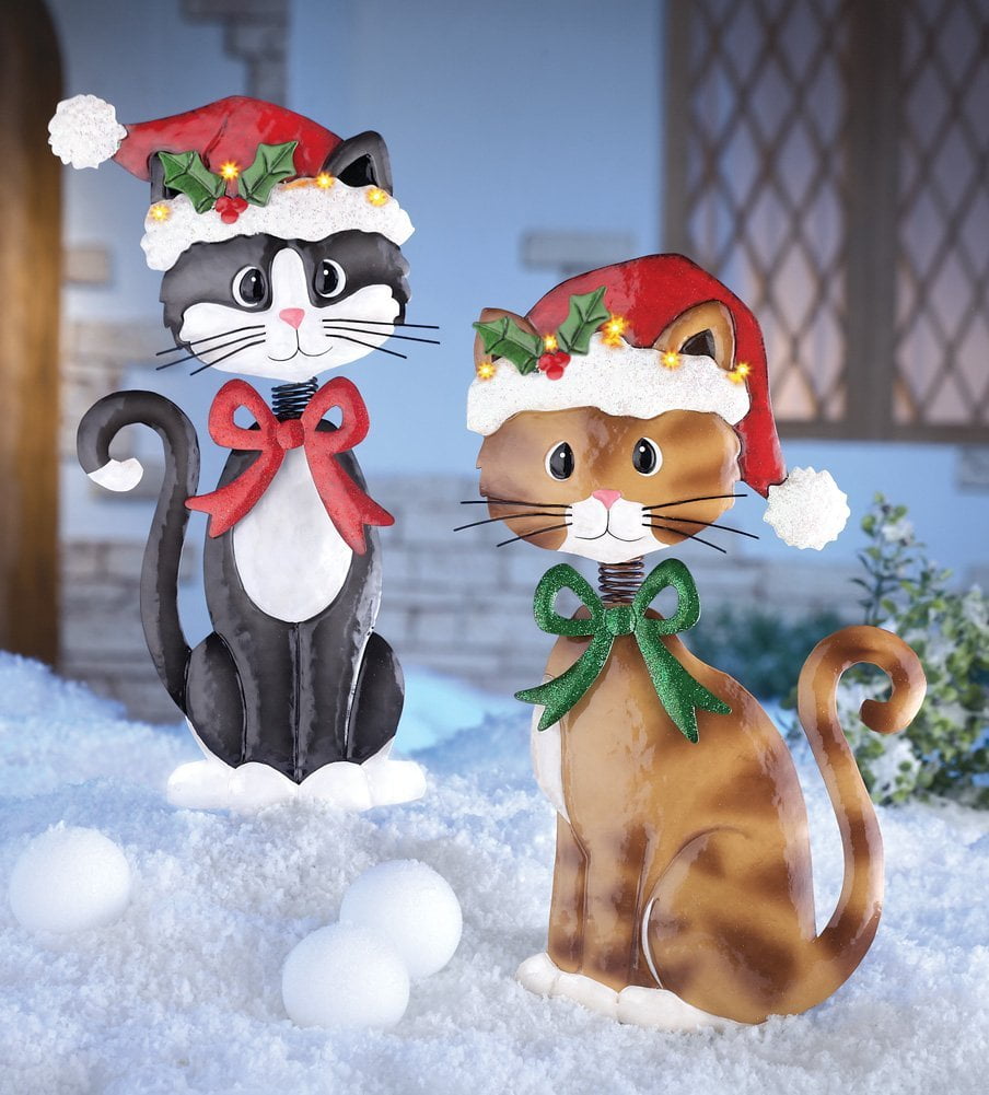 Metal Outdoor Christmas Decorations Decoration For Home Set Of 2 Adorable Metal Christmas Cats Lighted Santa Hat Brown Awesome And Beautiful Decorations Outdoor