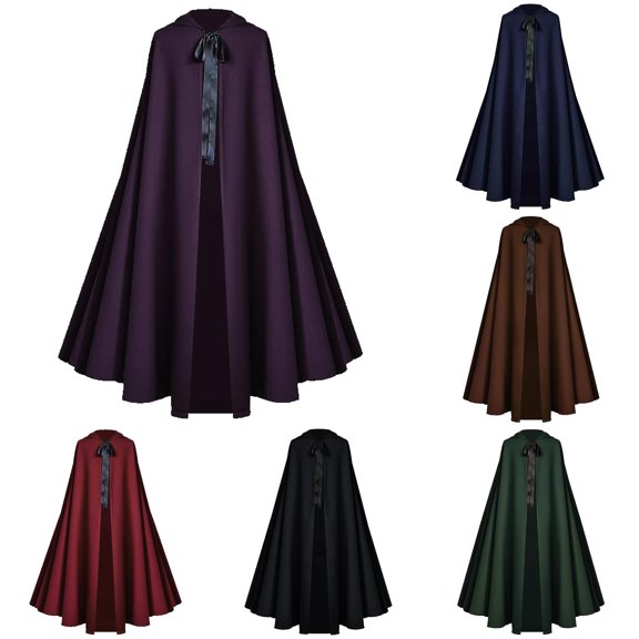 Rggeeun Adults Cape Solid Color Pleated Hooded Loose Front Tie Ankle Length Breathable Relaxed Fit for Halloween Streetwear Fashion Capes,Purple,S