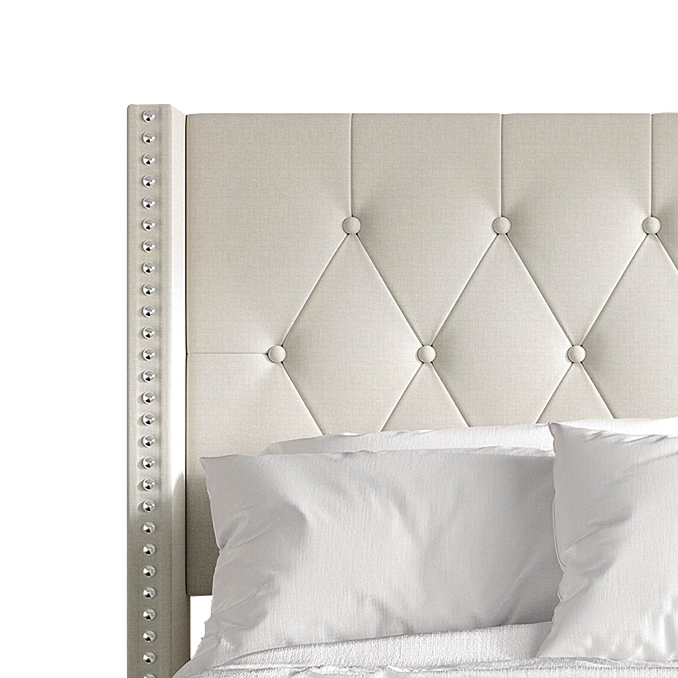 Castle Place Nailhead Trim Wingback Linen Upholstered Bed, Warm Grey , Twin
