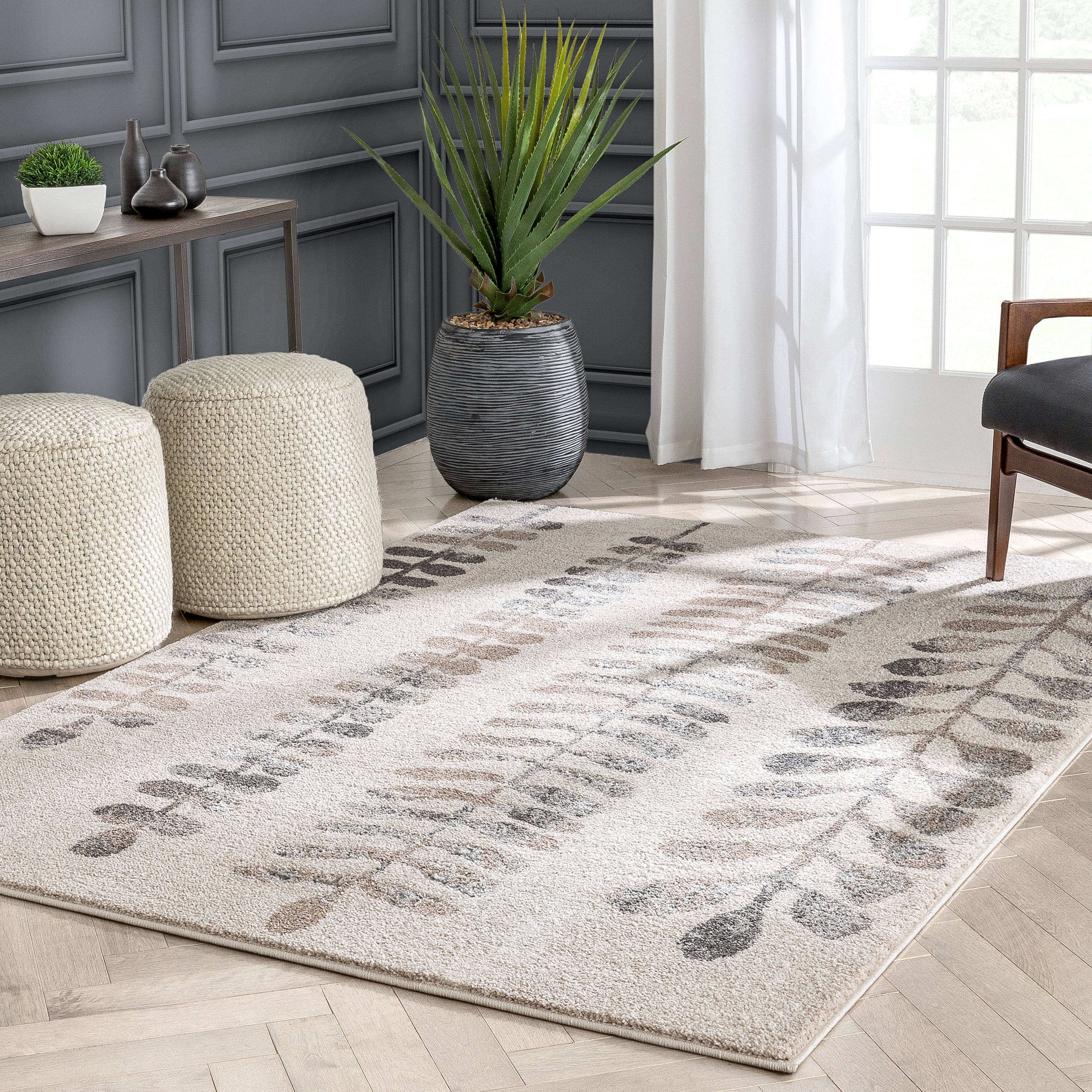 Well Woven Lisbon Myra Botanical Abstract Leaves Pattern Ivory Retro 5'3" x 7'3" Area Rug
