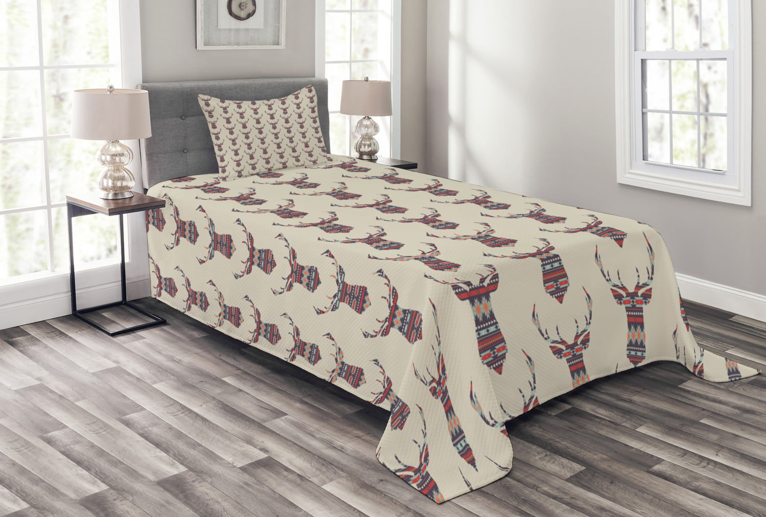 Deer Doe Autumn Print Hunting Quilted Bedspread & Pillow Shams Set 