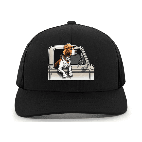 Trenz Shirt Company Mens Mesh Snapback Trucker Hat - Bluetick Hound Dog in Truck Design, Black/Black