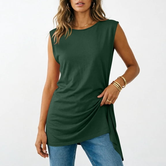 DailyTrove Women Round Neck Side Ruched Split Hem Loose Fit Sleeveless Daily Tank Shirt