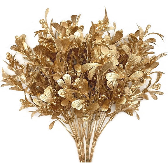Fake Plants Christmas Decorations, Golden Artificial Flowers Plastic Grass Shrubs Leaves Indoor Outdoor Home Garden Party Hotel Verandah Wedding Event Bouquet Faux DIY Decor - Gold 4 Pack
