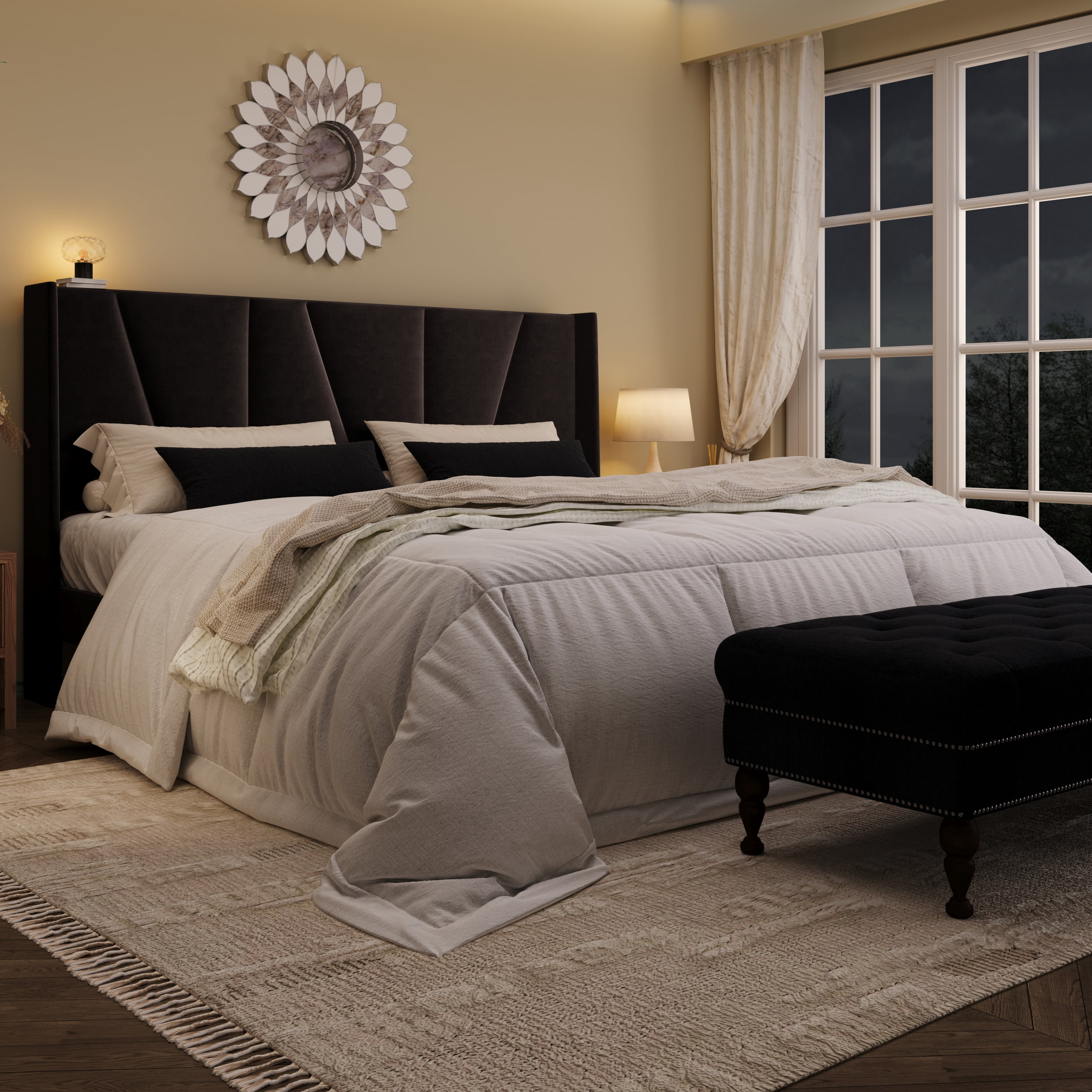 Amolife King Bed Frame, Upholstered Platform Bed with Wingback and Geometric Headboard, Black