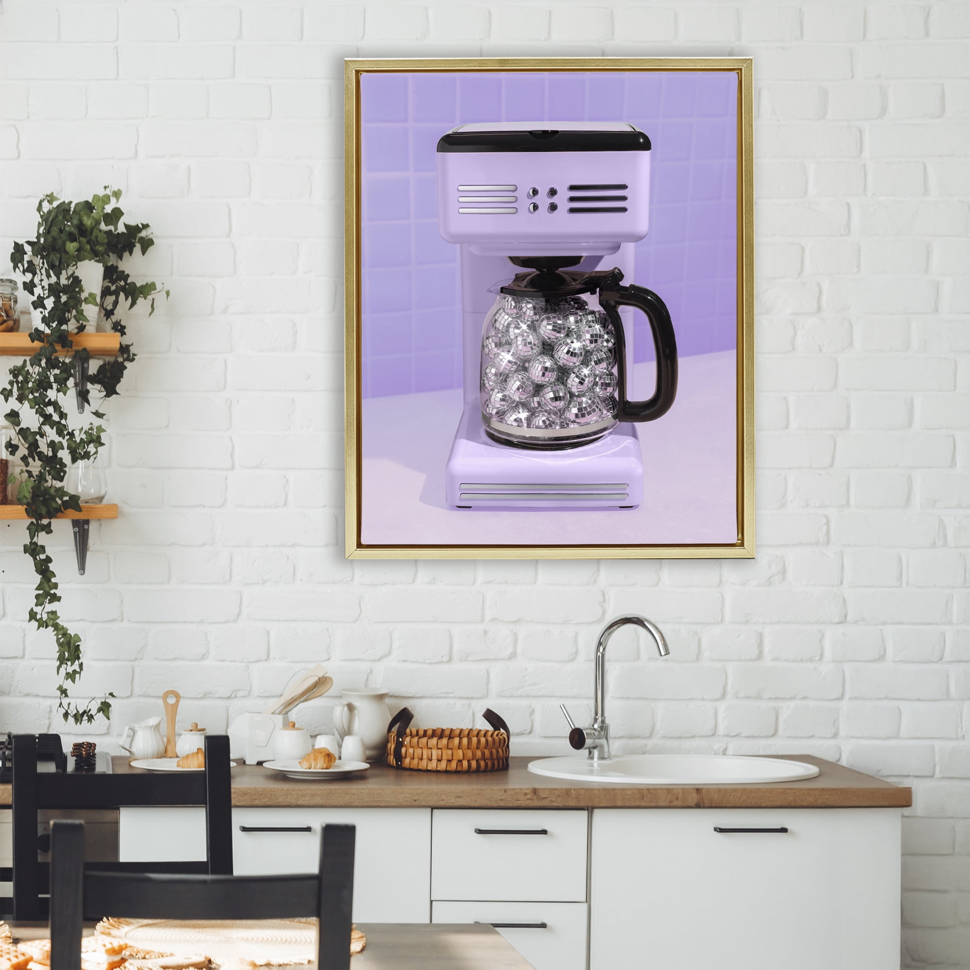 Stupell Industries Disco Coffee Maker over Purple Gold Framed Floater Canvas Wall Art, design by LISH Creative