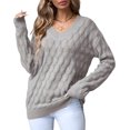 thumbnail image 2 of Women'S V Neck Hollowed Out Sweater Long Sleeve Knit Pullover Sweater Gray L, 2 of 9