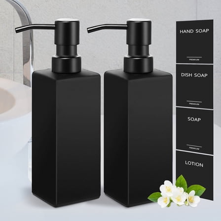 Black Soap Dispenser, Hand Soap Dispenser Bathroom, 12oz Glass Soap Dispenser with Stainless Steel Pump, Liquid Dish Soap Dispenser for Kitchen, Modern Bathroom/Kitchen Soap Dispenser Set