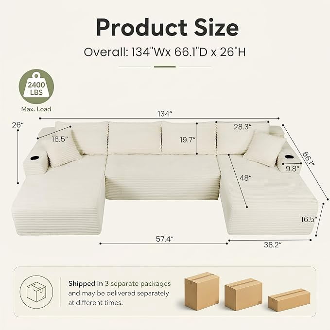 Howcool 134" Modular Cloud Couch, U-Shaped Sectional Sofa with Double Chaise, Oversized Deep Seat Boneless Corduroy Sofa with Cup Holders & Side Pockets, No Assembly Required, Beige