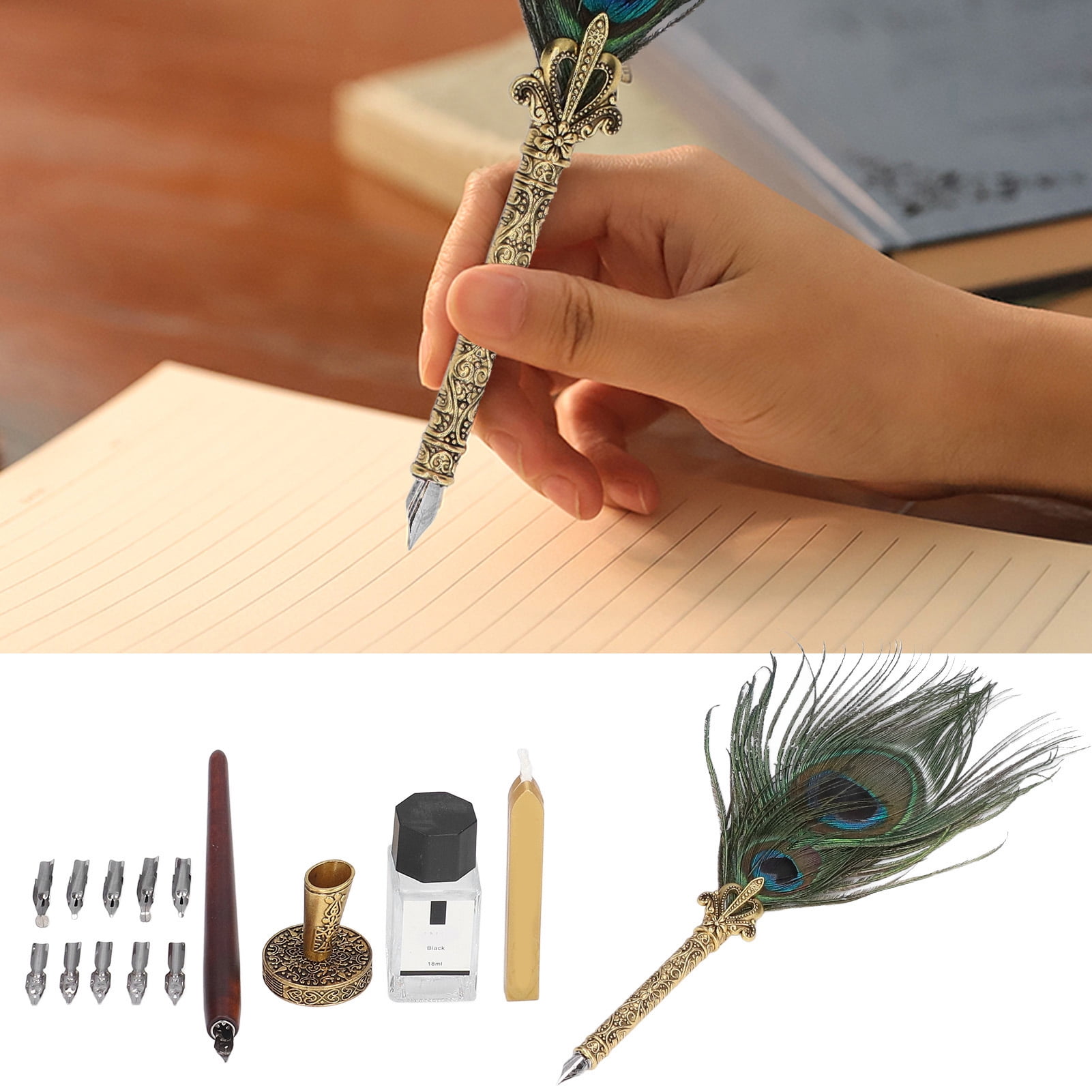 BIMZUC Feather Pen Exquisite Pattern Quaint Texture Comfortable Grip Stainless Steel Nib Calligraphy Set (11.4 inches / 29 cm) - Double Peacock
