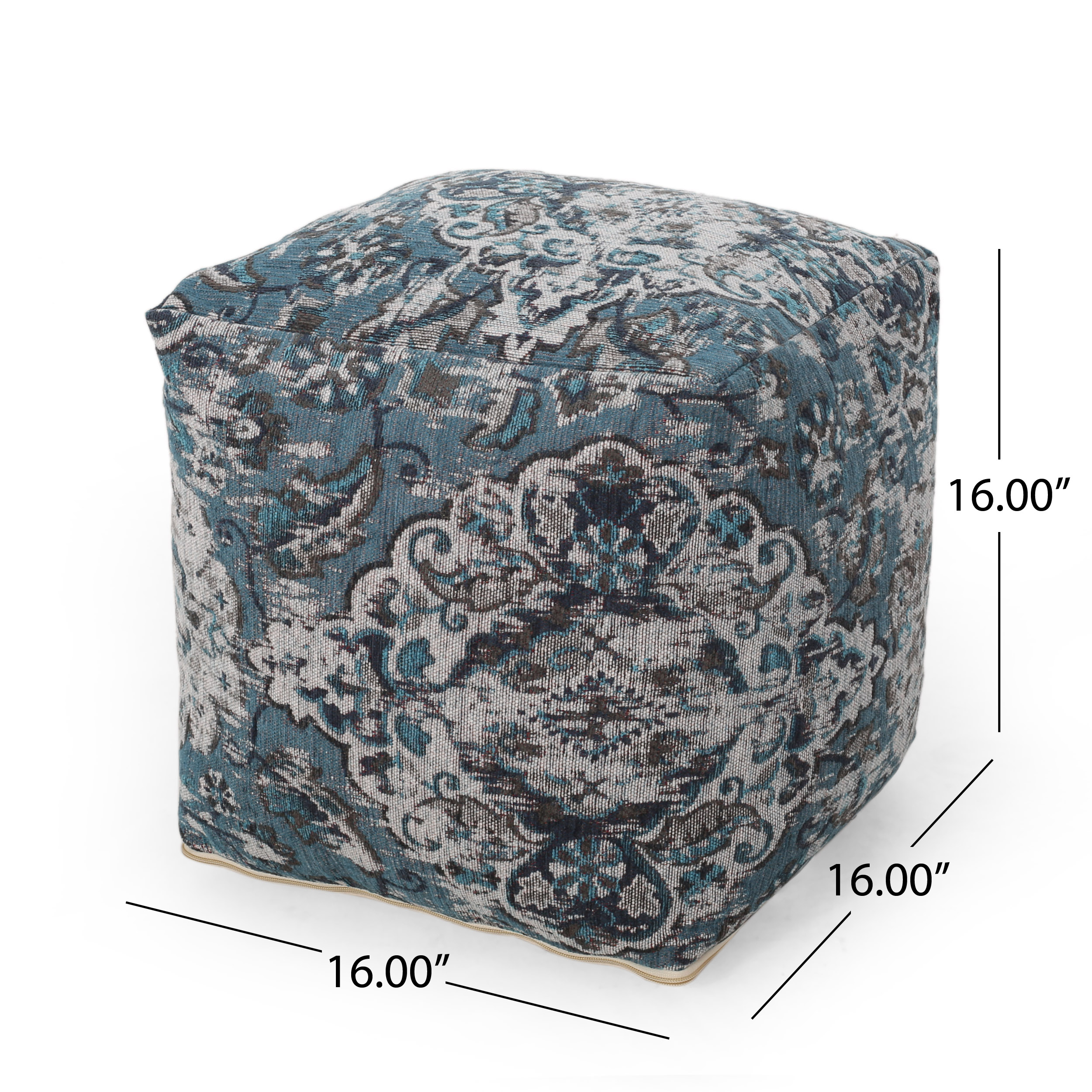 Noble House Cube Bohemian Fabric Pouf, Blue