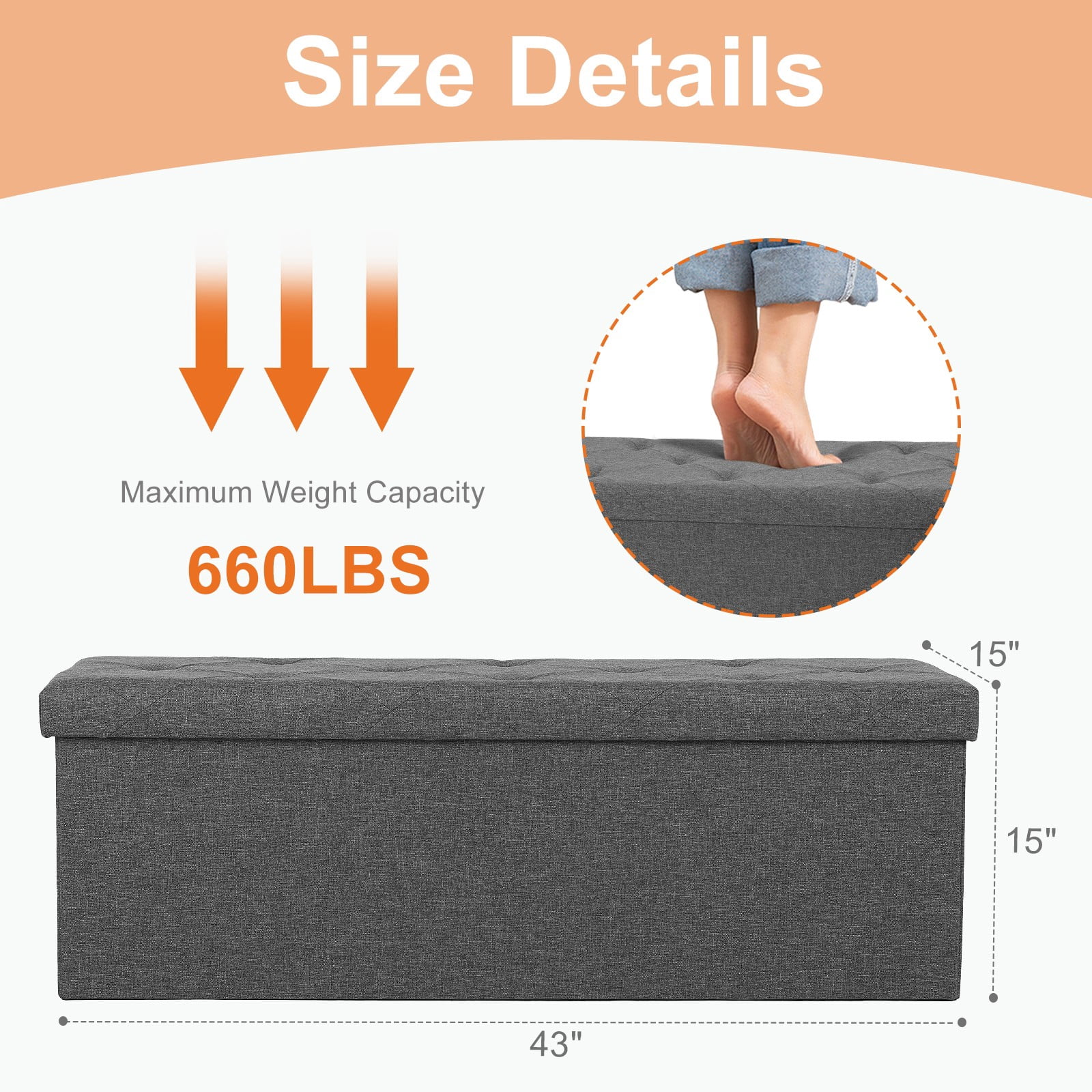 TOPCOMFY 110PE Ottoman Storage with Thicker Foam Padded Seat, Folding Design, Linen for Living Room