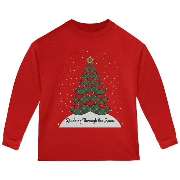Christmas Staching Dashing Through the Snow Mustache Pun Toddler Long Sleeve T Shirt Red 2T