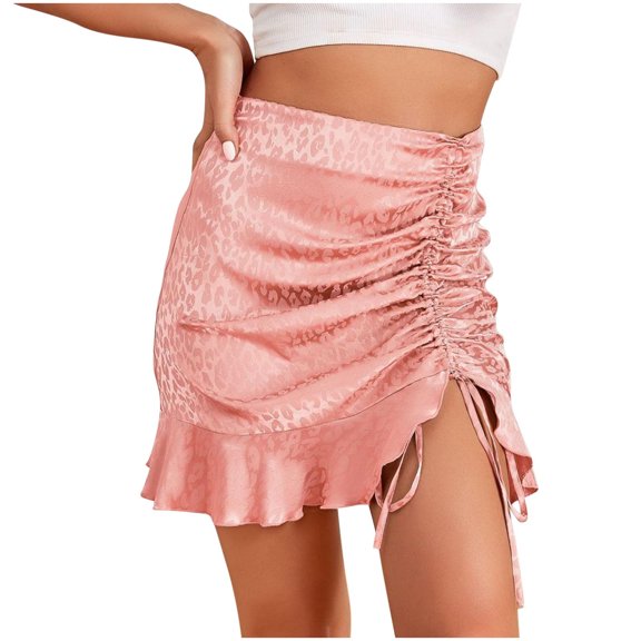 Summer Skirt for Women Trendy Leopard Print High Waisted Ruffle Hem Mini Skirt Casual Drawstring Short Skirt
