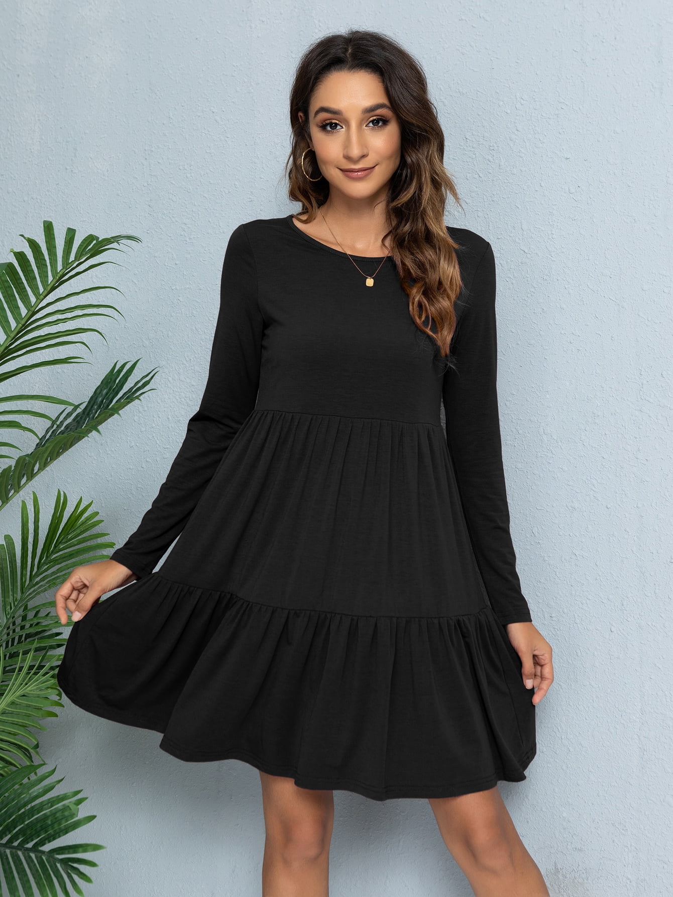 CALIPESSA Womens Fall Tiered Ruffle Hem Black Knee Length Dress Long