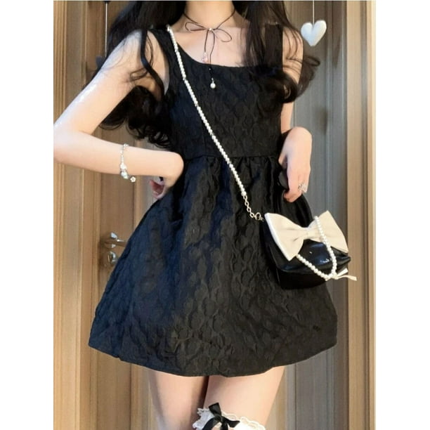 Vestido de tirantes negros para mujer Mini vestido de baile dulce con Espalda descubierta moda de princesa Vestidos lisos para chicas estilo coreano Chic para adolescentes Bodega Aurrera en linea