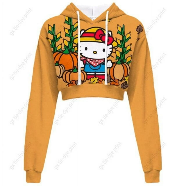 Hello Kitty Chandail en Molleton Court à Manches Longues pour Femmes, Motif, Chandail Noir, Chandail à Capuchon de Mode pour Femmes