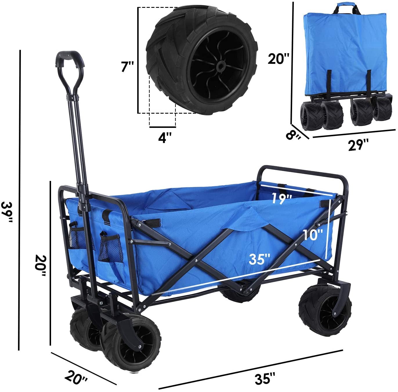Blue Folding Utility Wagon All Terrain Outdoor Sports REDCAMP Collapsible Wagon Cart,1200D Removable Canvas & Brake Wheel with Cooler Bag 