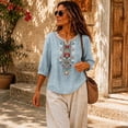 thumbnail image 2 of PBFRDSJ Cotton Linen Tops for Women Lightweight Retro Embroidered 3/4 Sleeve Bohemian Peasant Shirts Plus Size V Neck Casual Summer Beach Boho Tops, 2 of 9