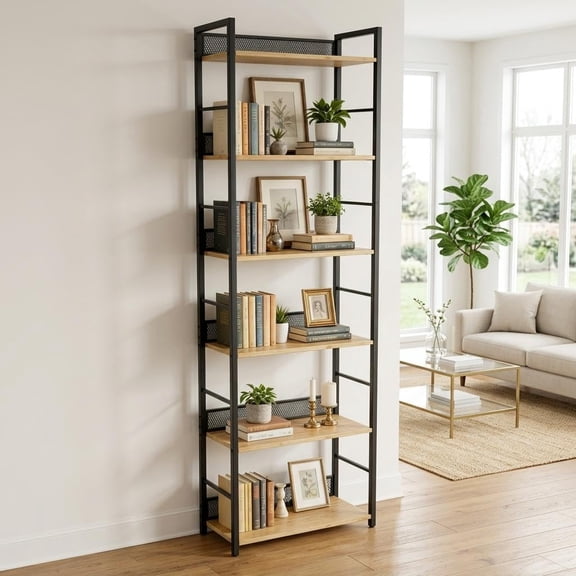 Garvee 6-Tier Tall Narrow Bookshelf, Industrial Wood and Metal Bookcase, Freestanding Storage and Display Shelf for Bedroom, Living Room, Home Office,
Black