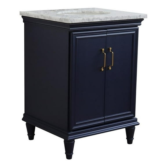 25 in. Single Wooden Vanity  Blue with White Carrara Oval Sink