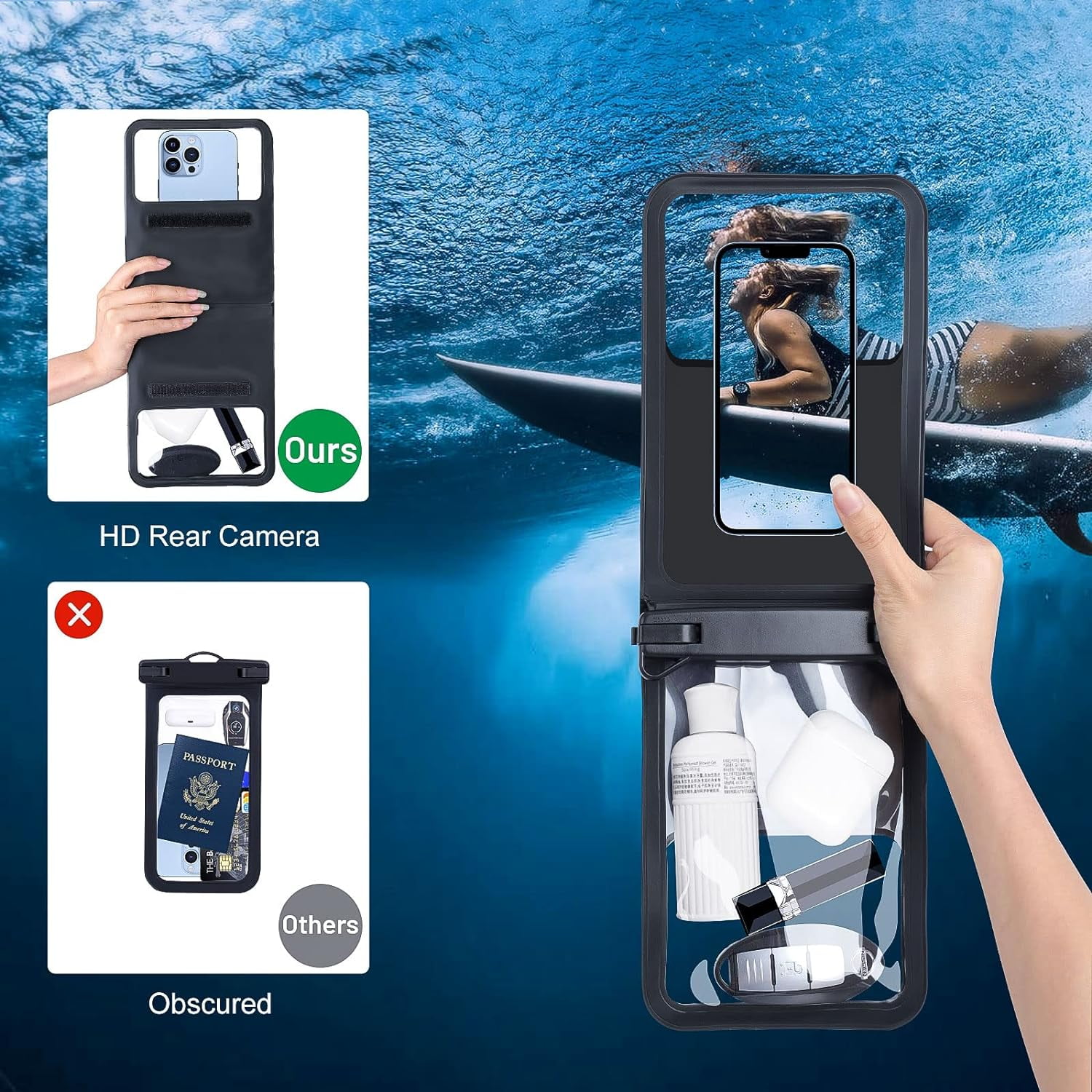 TJS [2 Pack] Up to 10.5" Double Space Large Waterproof Phone Pouch Bag with Lanyard, IPX8 Waterproof Cellphone Dry Bag Case for iPhone 16 15 Pro Max 14 Pro 13 12 Galaxy S23 Ultra S22 (Black+Teal)