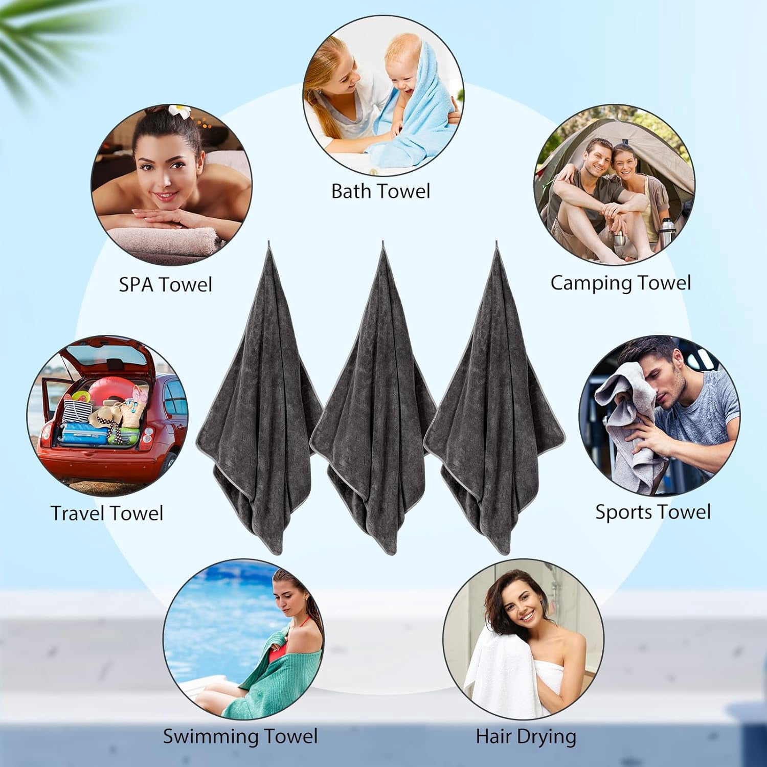 8 Pack Microfiber Bath Towels Bulk 27'' x 60'' Oversized Bath Towel Highly Absorbent Extra Large Shower Sheets Soft Drying for Beach Pool Bathroom Salon Party (Grey)