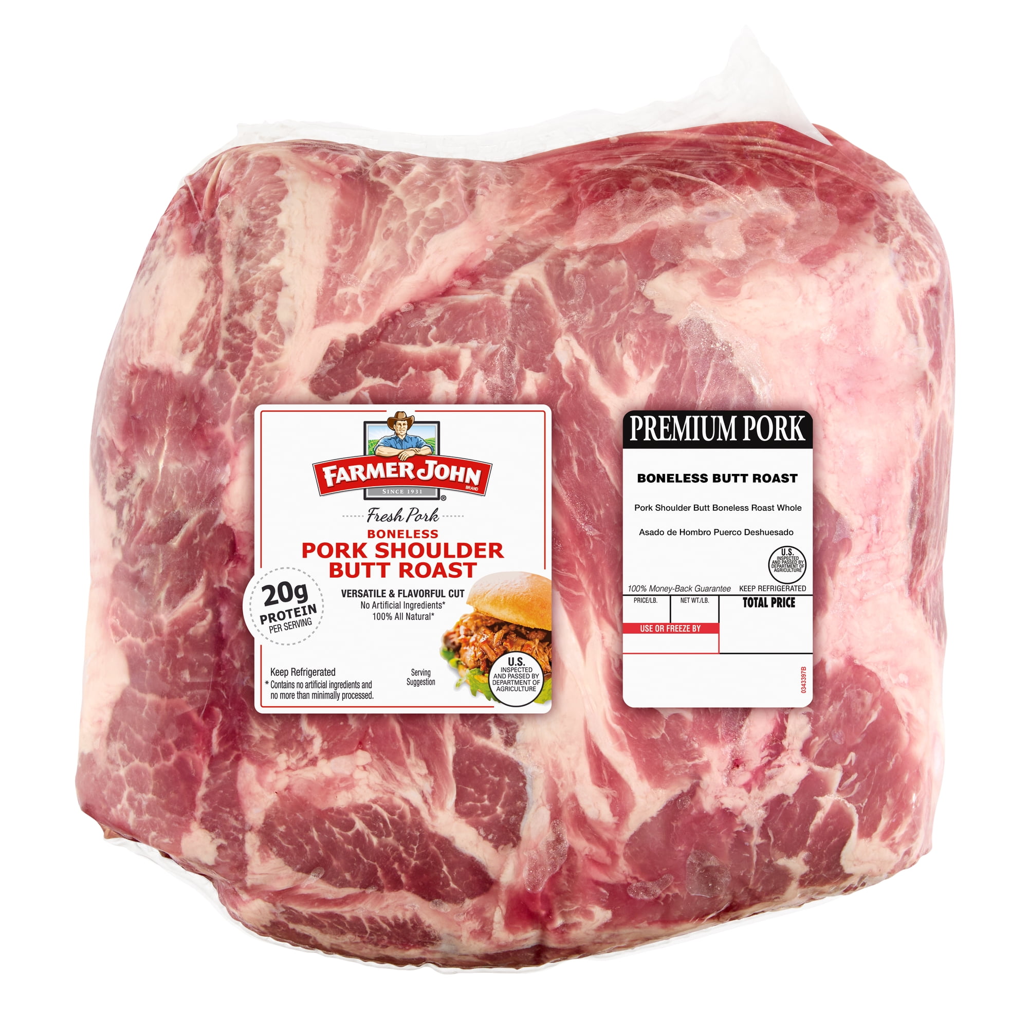 Farmer John Fresh Boneless Pork Butt Roast, Fresh, Random Weight, 20 Grams of Protein Per 4 oz Serving