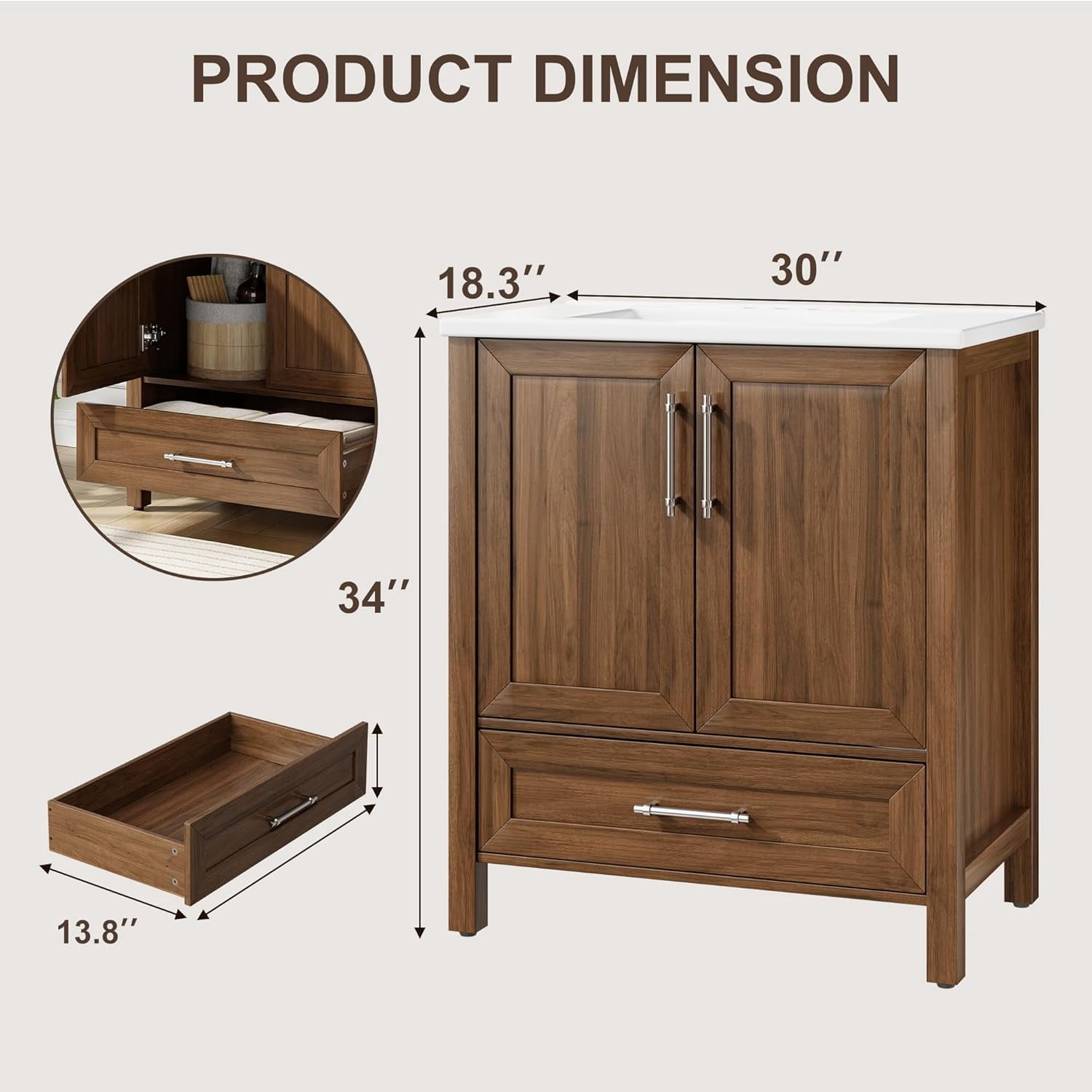 30" Bathroom Vanity with Sink, Freestanding Wooden Bathroom Vanity Cabinet with Soft-Closing Door and Metal Handle, Modern Floor Standing Storage for Small Spaces，Walnut
