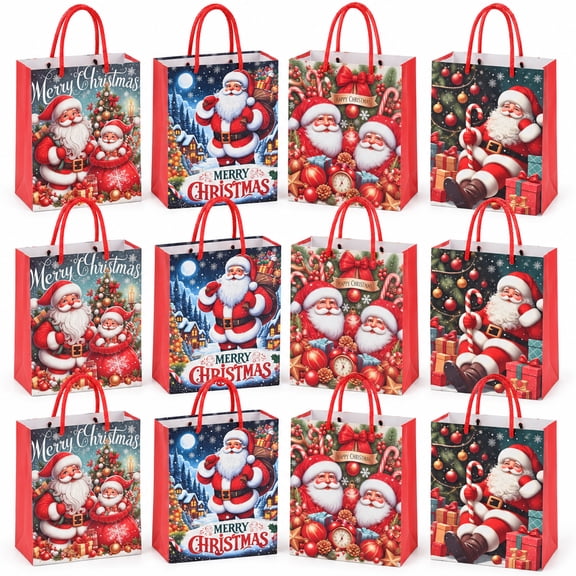 Faburo 12 pack Christmas Paper Bags with Handles, Medium Holiday Bags, 4 Christmas Designs, Reusable Treat Bags for Parties and Celebrations