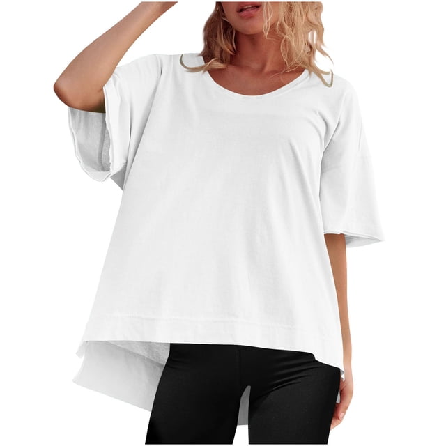 Timegard Summer Top for Women Round Neck Short Sleeve Oversized Loose Solid Color Casual Tee Blouse