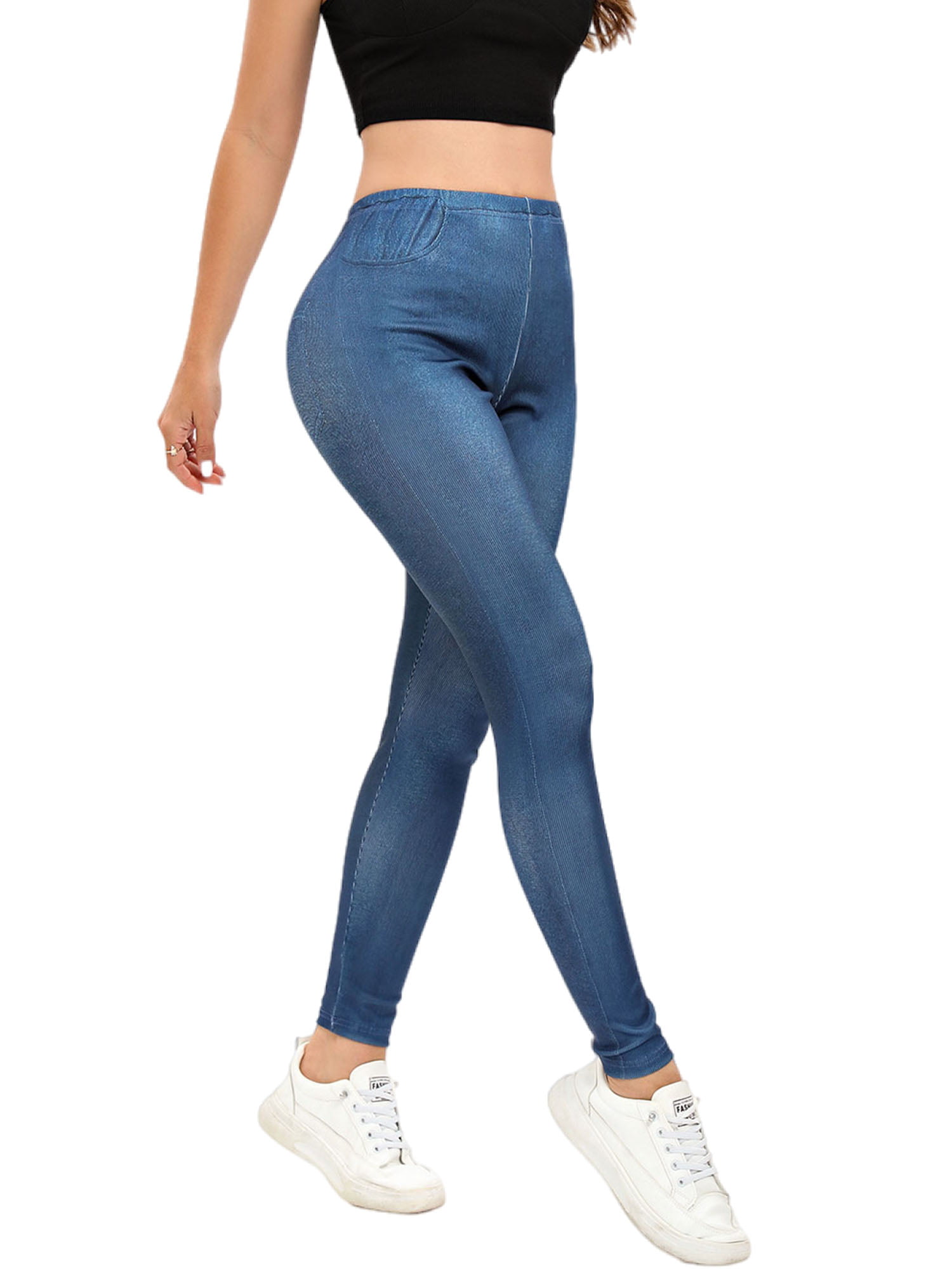 Frontwalk Jean Leggings for Women Printed Denim High Waisted Yoga Pants  Stretch Jean Look Jeggings Tights Blue-B XS 